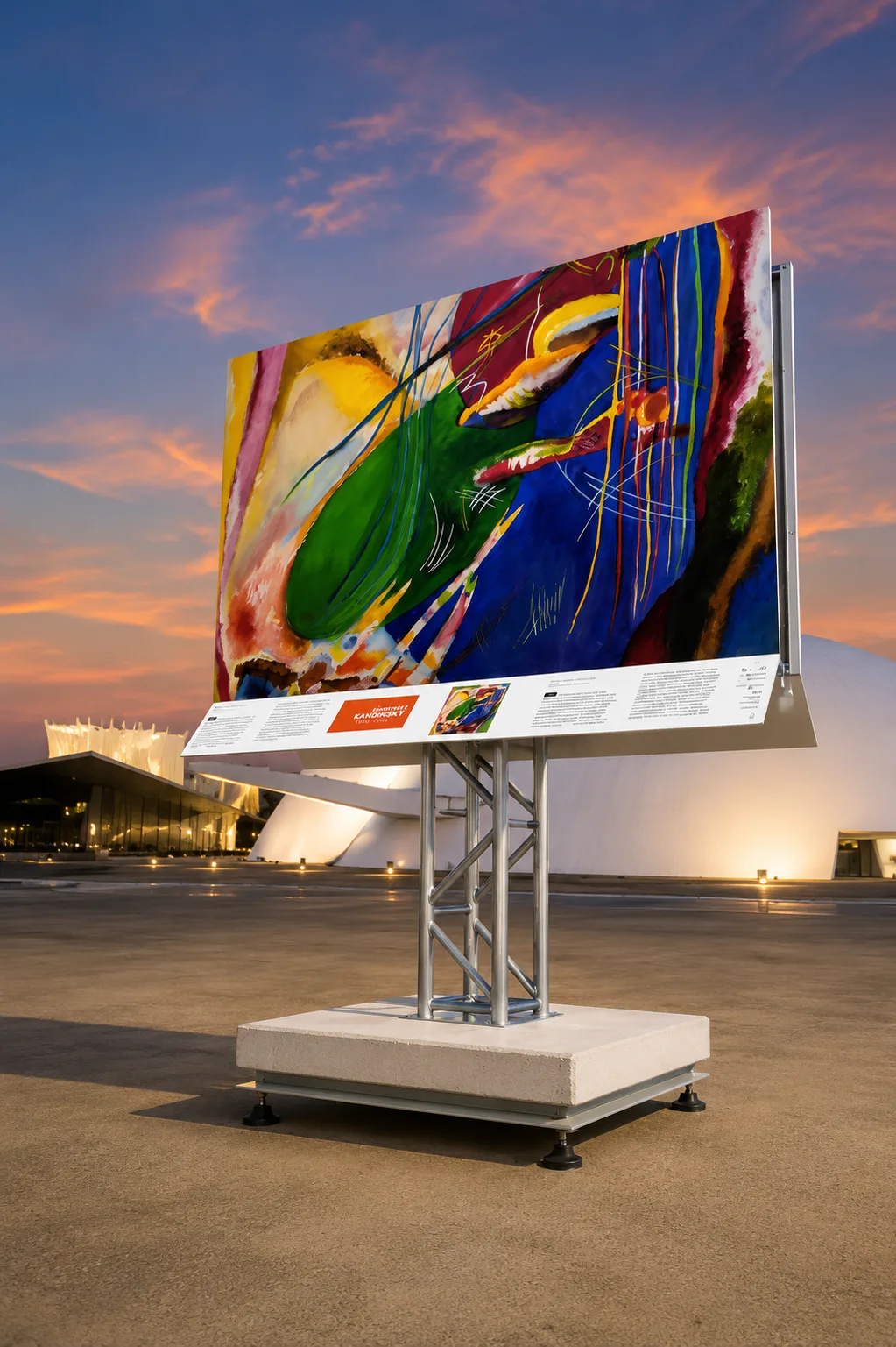 Totem expositivo com obra de Kandinsky em exposição a céu aberto no Museu Nacional de Brasília
