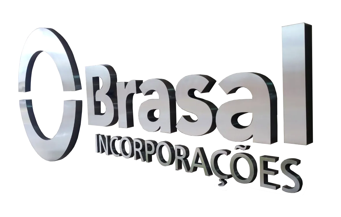 Logotipo Brasal Incorporações em letras caixa de aço inox escovado